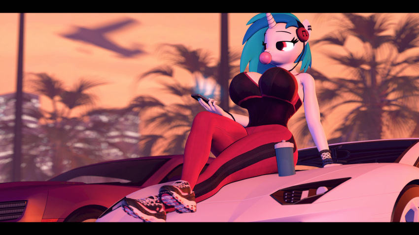 16:9 2023 3d_(artwork) 4k absurd_res anthro anthrofied big_breasts black_border blue_hair border bottle bracelet breasts bubble_gum car clothing container curvy_figure detailed_background digital_media_(artwork) ear_piercing ear_ring equid equine eyelashes female fingers footwear friendship_is_magic fur hair hasbro headphones hi_res horn hourglass_figure huge_breasts jewelry leggings legwear mammal multicolored_hair my_little_pony outside palm_tree phone piercing plant red_eyes ring_piercing shirt shoes sitting sitting_on_car small_waist sneakers solo source_filmmaker tank_top themanwithaquest thick_thighs topwear tree two_tone_hair unicorn vehicle vinyl_scratch_(mlp) voluptuous water_bottle white_body white_fur wide_hips widescreen