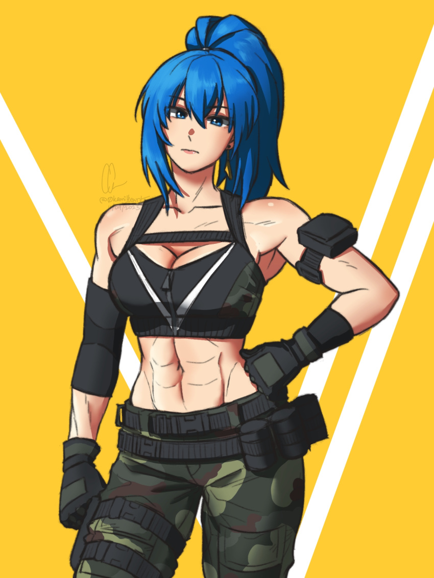 0kamiheart 1girl abs arm_pouch belt blue_eyes blue_hair breasts camouflage camouflage_pants clenched_hand crop_top earrings gloves hand_on_own_hip highres jewelry leona_heidern muscular muscular_female navel pants ponytail pouch soldier solo tank_top the_king_of_fighters the_king_of_fighters_xv triangle_earrings zipper