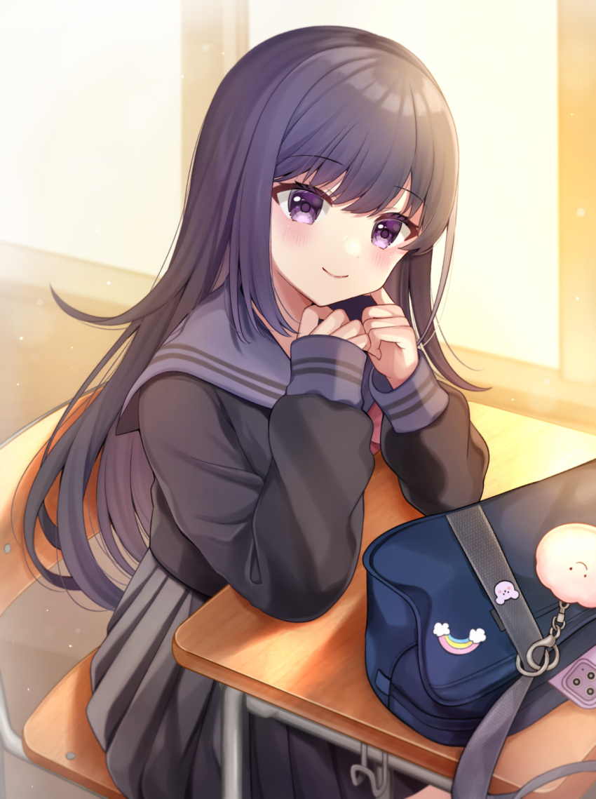 1girl bag bag_charm black_hair black_serafuku black_shirt black_skirt cellphone chair charm_(object) closed_mouth commentary_request desk hair_between_eyes hands_up highres indoors long_sleeves looking_at_viewer minami_saki on_chair original phone pleated_skirt puffy_long_sleeves puffy_sleeves purple_eyes purple_sailor_collar sailor_collar school_bag school_chair school_desk school_uniform serafuku shirt sitting skirt smile solo sunlight window