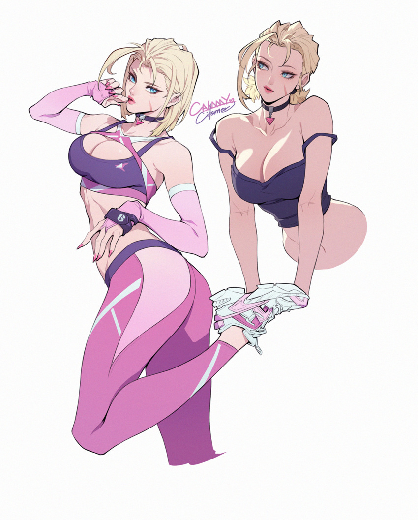 1girl ahoge alternate_costume ass bare_shoulders blonde_hair blue_eyes breasts cammy_white character_name citemer cleavage closed_mouth collar collarbone commentary crop_top fingernails full_body highres large_breasts looking_at_viewer looking_to_the_side multiple_views navel pink_lips pink_nails scar scar_on_face short_hair simple_background standing standing_on_one_leg stomach street_fighter thighs upper_body white_background white_footwear