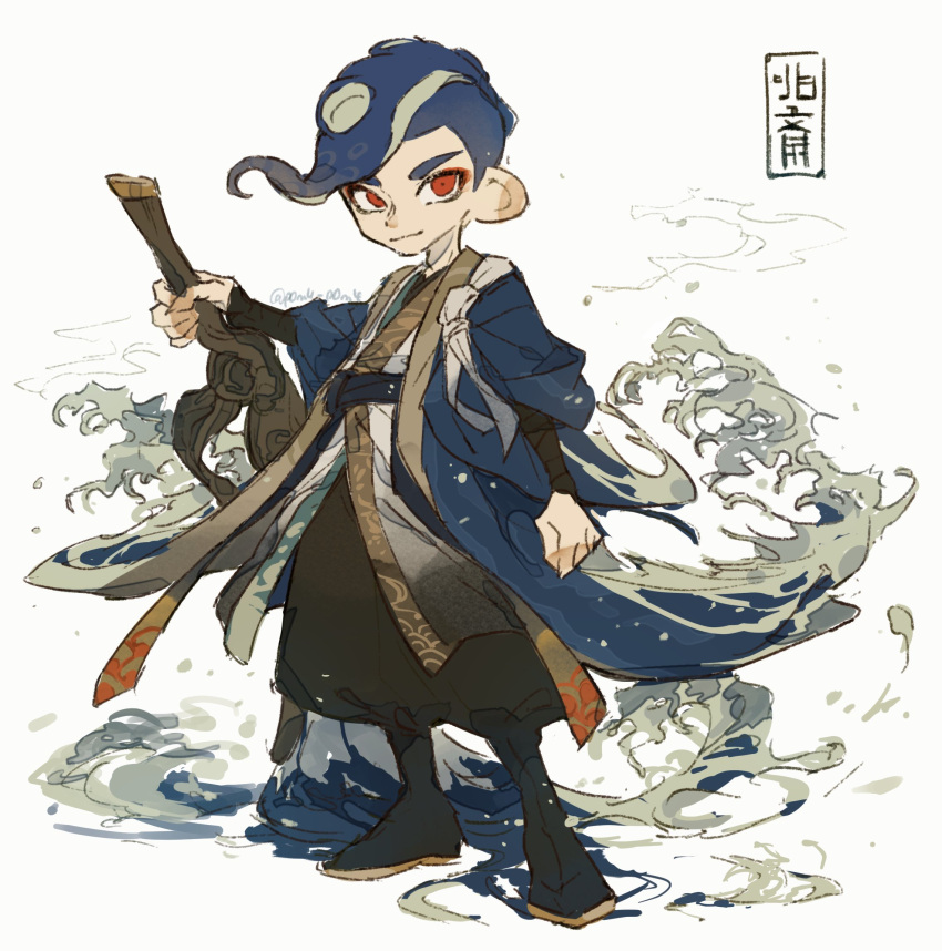 1boy artist_name bandages black_footwear black_hakama blue_hair blue_sash commentary_request hakama haori highres holding holding_weapon japanese_clothes mohawk octobrush_(splatoon) octoling octoling_boy p0m4_p0m4 red_eyes sash short_hair solo splatoon_(series) standing sword tentacle_hair weapon white_background