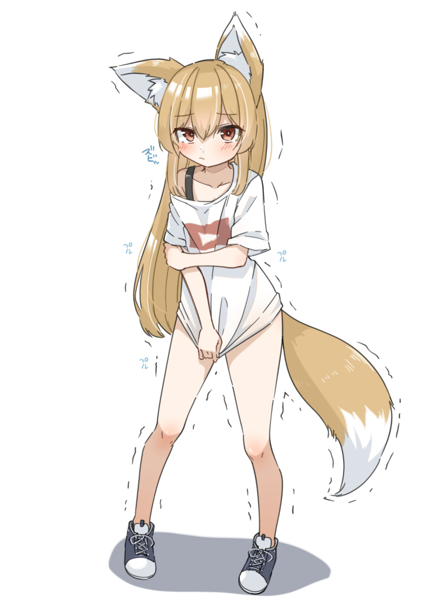 1girl animal_ear_fluff animal_ears blue_footwear blush brown_eyes brown_hair cold fox_ears fox_girl fox_tail full_body highres leafy_(kitsuneya) legs long_hair no_pants original shirt shirt_tug shoes short_sleeves simple_background solo standing tail thighs trembling white_background white_shirt