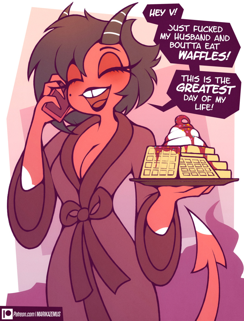 2023 bathrobe black_hair blush breasts cellphone cleavage clothed clothing demon demon_humanoid dialogue english_text eyes_closed female food hair helluva_boss hi_res horn humanoid imp marik_azemus34 millie_(helluva_boss) multicolored_body not_furry open_mouth open_smile phone phone_call profanity red_body robe smile solo spade_tail tail text two_tone_body waffle white_body