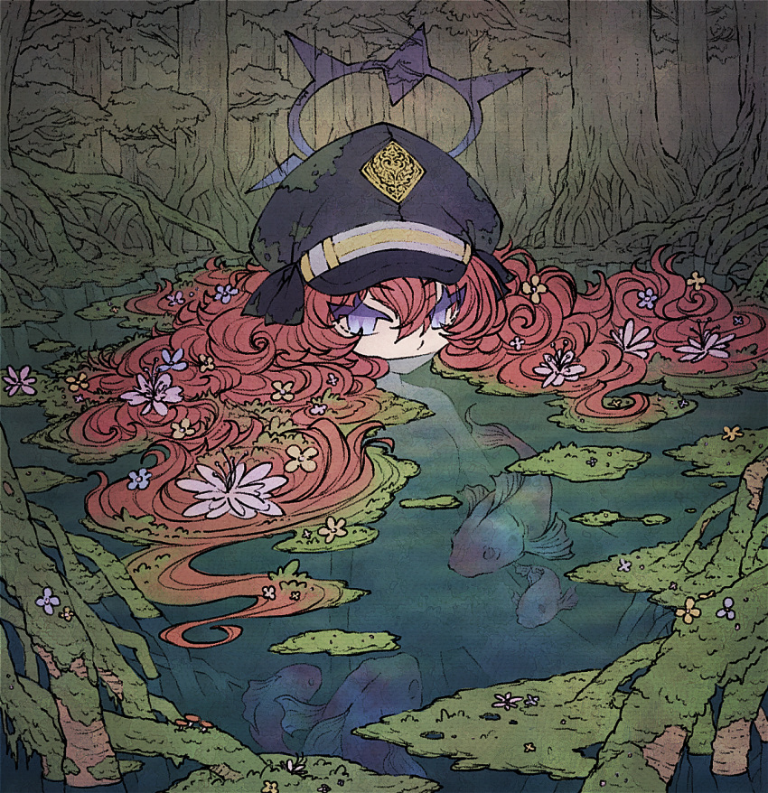 1girl afloat blue_archive completely_nude floating_hair flower forest hair_flower hair_ornament hair_spread_out halo hat highres iroha_(blue_archive) koi long_hair moss mouth_under_water nature no_mouth no_nipples no_pussy nude outdoors partially_submerged purple_eyes red_hair roots seabearsnake solo tree very_long_hair