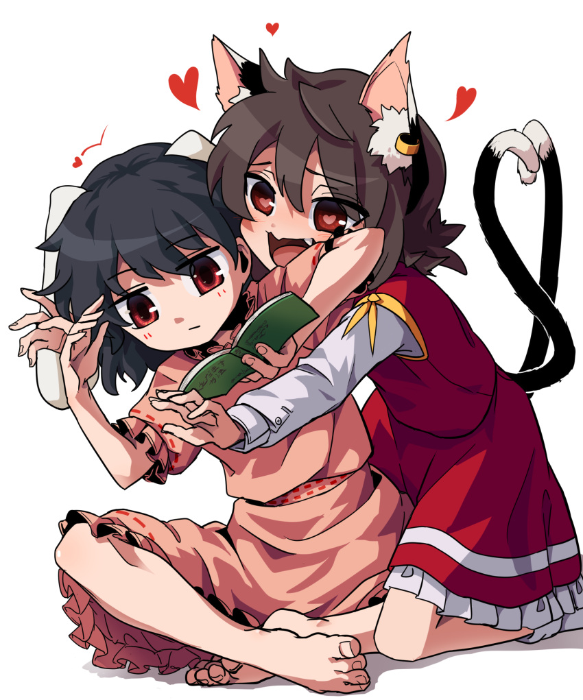 2girls animal_ears barefoot black_hair book bow bowtie brown_hair carrot_necklace cat_ears cat_tail chen dress fang floppy_ears frilled_sleeves frills hat heart heart-shaped_pupils heart_tail highres inaba_tewi jewelry kusiyan long_sleeves lovestruck medium_hair mob_cap multiple_girls multiple_tails necklace nekomata open_mouth pink_dress puffy_short_sleeves puffy_sleeves rabbit_ears rabbit_girl red_eyes red_skirt red_vest ribbon-trimmed_dress ribbon-trimmed_skirt ribbon_trim shirt short_hair short_sleeves skirt smile socks symbol-shaped_pupils tail touhou two_tails vest white_shirt yellow_bow yellow_bowtie