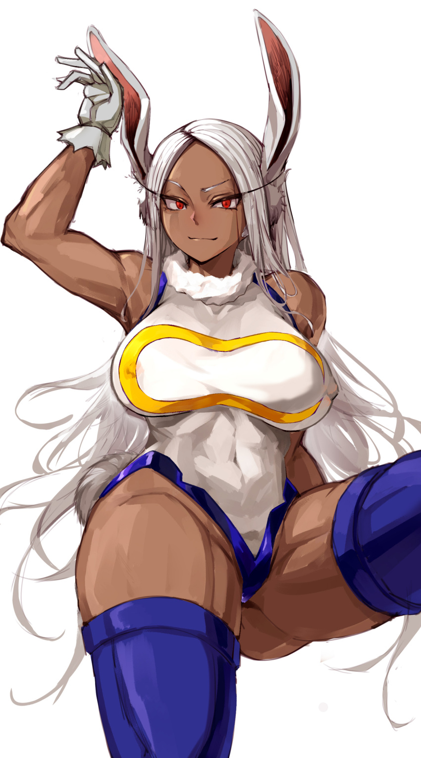 1girl absurdres animal_ears arm_up bare_shoulders blue_thighhighs boku_no_hero_academia breasts closed_mouth covered_navel covered_nipples crescent_print dark-skinned_female dark_skin fur_collar gloves hand_up highleg highleg_leotard highres jinjidejidanhuang large_breasts leg_up leotard long_eyelashes long_hair looking_at_viewer mirko parted_bangs rabbit_ears rabbit_girl rabbit_tail red_eyes sleeveless_turtleneck_leotard smile solo tail taut_leotard thick_thighs thighhighs thighs toned very_long_hair white_background white_gloves white_hair white_leotard