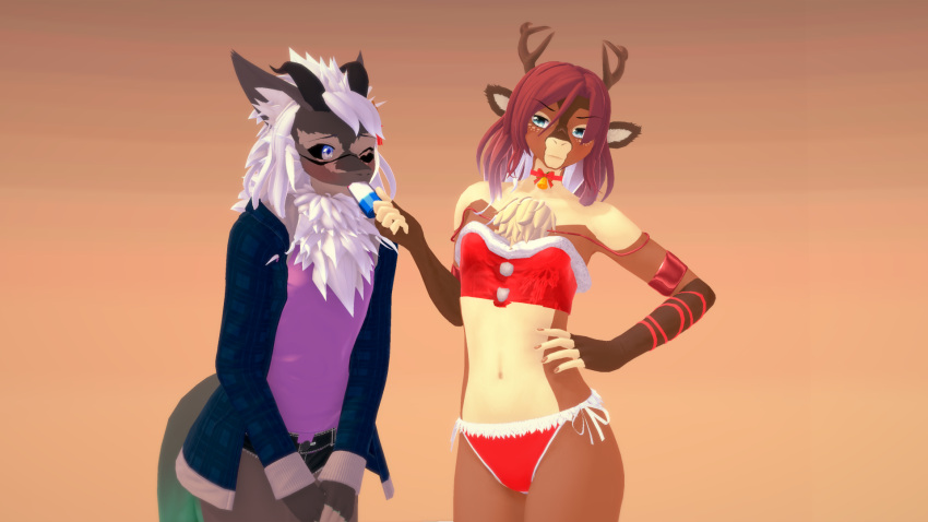 angry annoyed antlers blue_clothing blue_eyes blue_jacket blue_topwear blush bottomwear brown_body capreoline christmas christmas_clothing clothed clothing deer duo duo_focus eating eating_food food fur girly grey_body group hair hand_on_hip hi_res hinasan4857 holidays horn hotpants jacket looking_at_another male male/male mammal multicolored_body nardoragon neck_tuft one_eye_closed pink_clothing pink_shirt pink_topwear popsicle red_hair reindeer shirt shorts skimpy slim sucking topwear tuft two_tone_body white_body white_fur