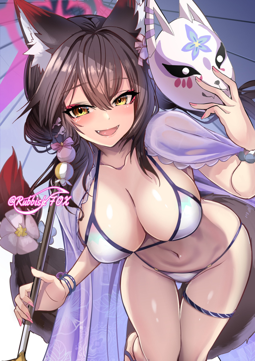 1girl absurdres animal_ear_fluff animal_ears bare_shoulders bikini black_hair blue_archive blush breasts cleavage collarbone fox_ears fox_girl fox_mask fox_tail halo highres large_breasts long_hair looking_at_viewer mask open_mouth smile solo swimsuit tail thighs wakamo_(blue_archive) white_bikini wisespeak yellow_eyes