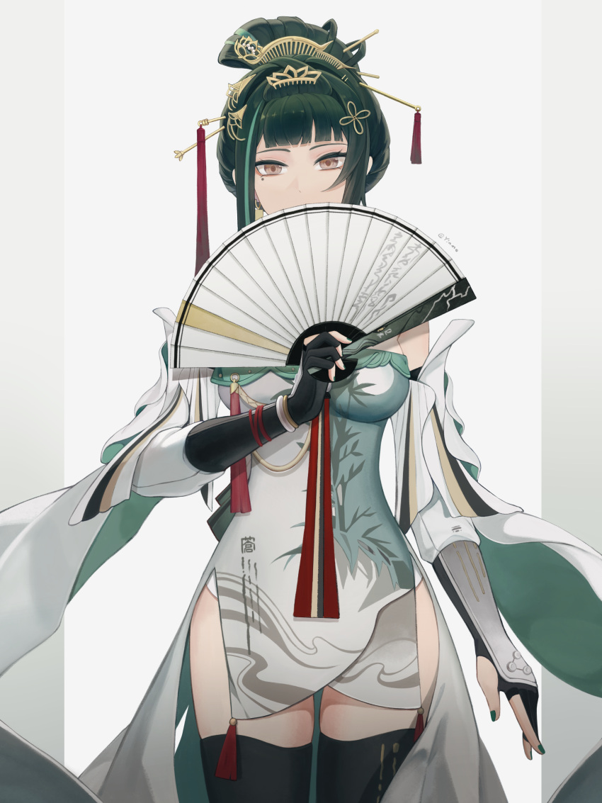 1girl absurdres armored_gloves artist_name black_thighhighs blunt_bangs bracelet breasts brown_eyes calligraphy chinese_clothes chinese_commentary chinese_hairpin commentary covering_mouth cowboy_shot detached_sleeves dress elbow_gloves fingerless_gloves floral_print_dress folding_fan gloves green_hair green_nails hair_ornament hairclip hairpin hand_fan hand_fan_writing hanying_(punishing:_gray_raven) high-low_skirt highres holding holding_fan jewelry looking_at_viewer medium_breasts mole mole_under_eye nail_polish outside_border pillarboxed punishing:_gray_raven short_dress side_slit sidelocks solo straight-on tassel thighhighs tkhalloween two-sided_fabric updo white_background white_dress white_sleeves wide_sleeves zettai_ryouiki