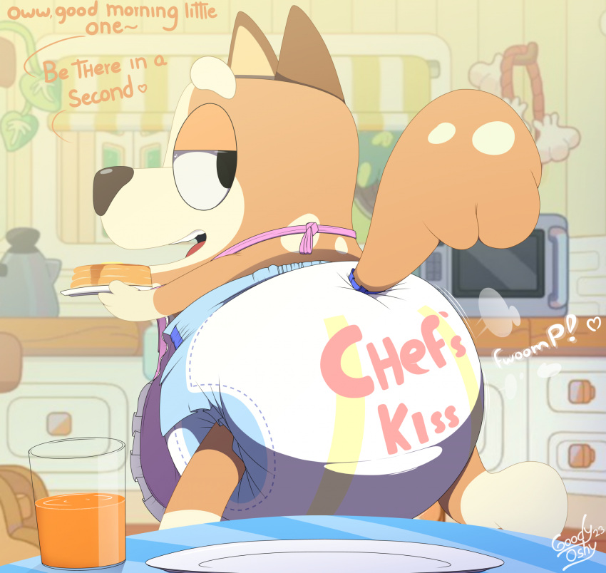 anthro apron bluey_(series) canid canine canis chilli_heeler clean_diaper clothed clothing detailed_background dialogue diaper diaper_fetish digital_media_(artwork) domestic_dog english_text female goodyoshy hi_res looking_back mammal open_mouth rear_view smile solo tail text text_on_diaper wearing_diaper