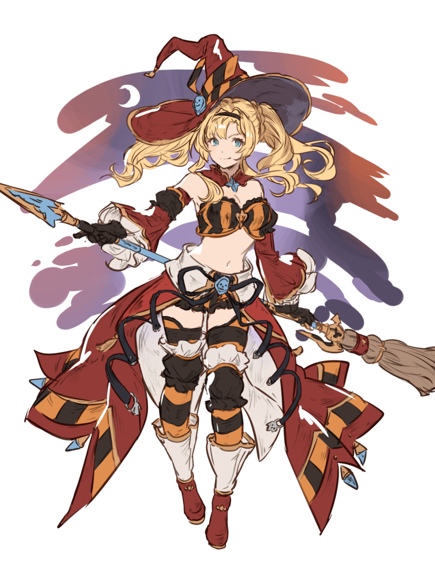 1girl blonde_hair blue_eyes boots broom commentary detached_collar detached_sleeves granblue_fantasy hat highres holding holding_broom holding_polearm holding_weapon polearm pumpkin_mask shimatani_azu smile stomach thigh_boots thighs twintails weapon witch_hat zeta_(granblue_fantasy)