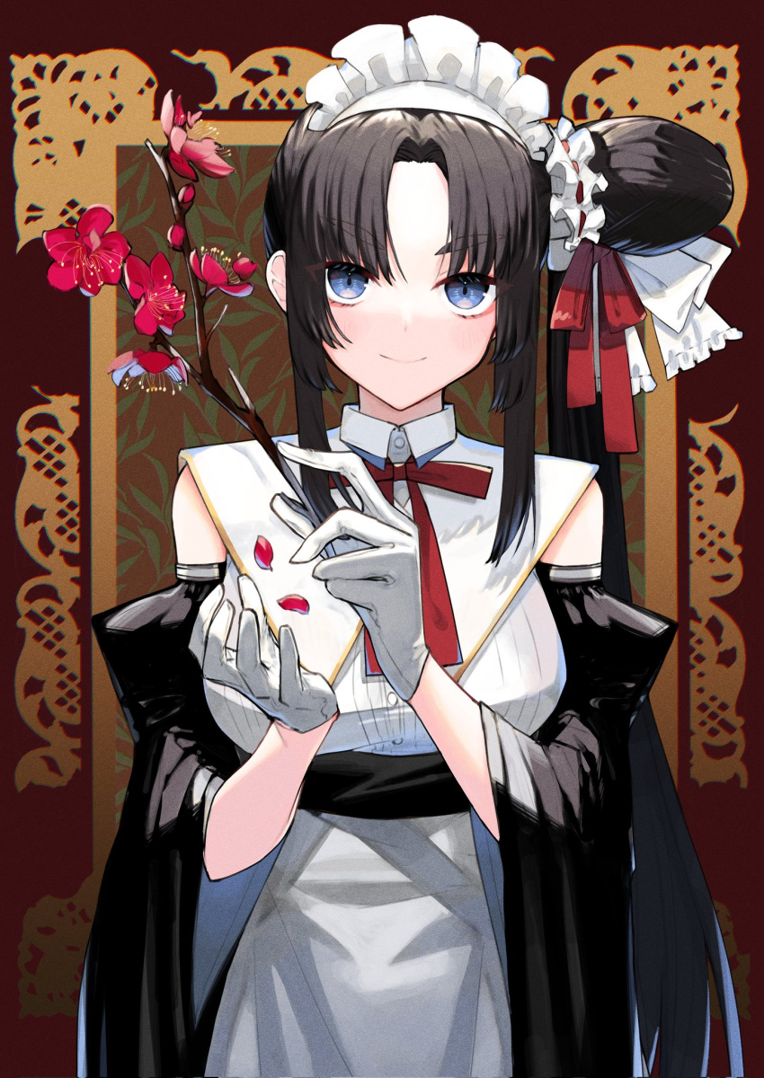 1girl alternate_costume apron black_hair blue_eyes branch breasts closed_mouth commentary detached_sleeves eyebrows_hidden_by_hair falling_petals fate/grand_order fate_(series) flower gloves hair_bun highres holding holding_branch holding_flower long_bangs long_hair looking_at_viewer maid maid_apron maid_headdress medium_breasts o_mochi_(usami31mi) open_hand petals red_ribbon ribbon side_ponytail single_side_bun smile solo ushiwakamaru_(fate) white_gloves white_headwear wide_sleeves