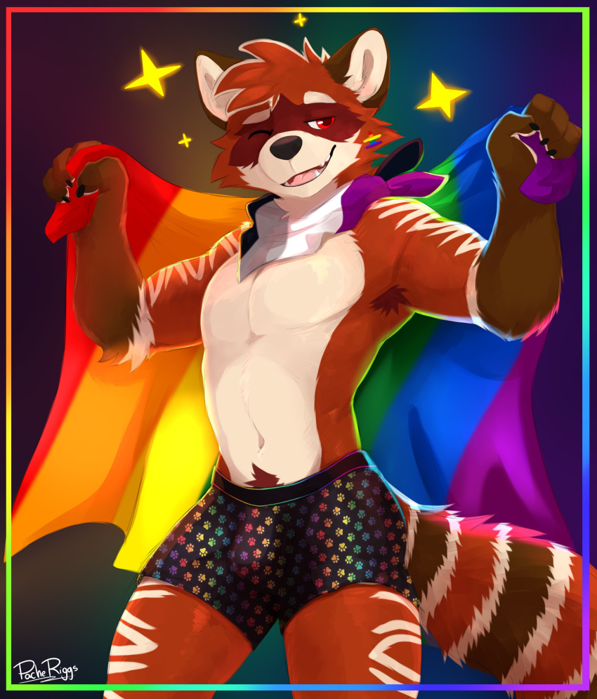 absurd_res anthro arm_markings asexual_pride_colors bear black_nose bottomwear brown_body brown_fur bulge cheek_tuft clothing facial_tuft fangs flag fur giant_panda glistening glistening_eyes hi_res holding_flag holding_object leg_markings lgbt_pride light_body light_fur light_markings male mammal markings navel neckerchief one_eye_closed open_mouth pache_riggs pattern_bottomwear pattern_clothing portrait pride_color_flag pride_colors rainbow_pride_colors red_body red_eyes red_fur signature solo standing striped_markings striped_tail stripes tail tail_markings tan_body tan_fur teeth three-quarter_portrait tuft