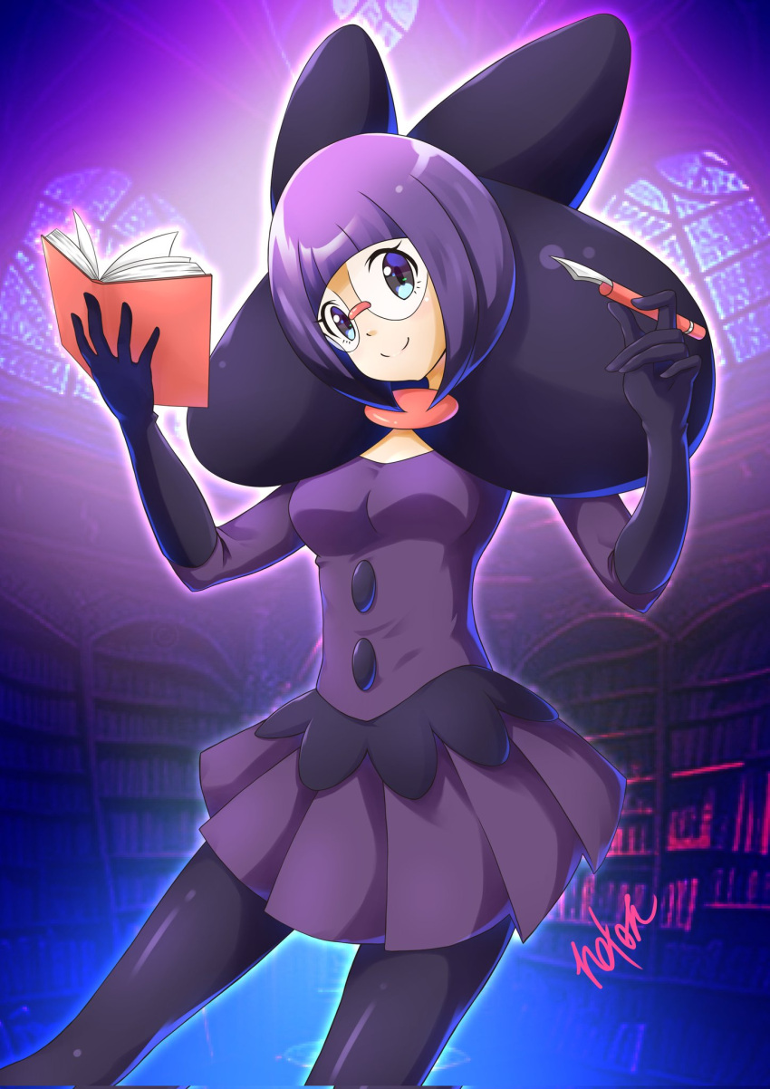 1girl 2nd_no_ton_free artist_name blunt_bangs bob_cut book bow breasts buttons elbow_gloves glasses gloves highres holding holding_book holding_pen large_bow large_breasts pantyhose pen pleated_skirt pokemon pokemon_(game) pokemon_bw purple_eyes purple_hair purple_skirt rimless_eyewear round_eyewear shauntal_(pokemon) skirt solo