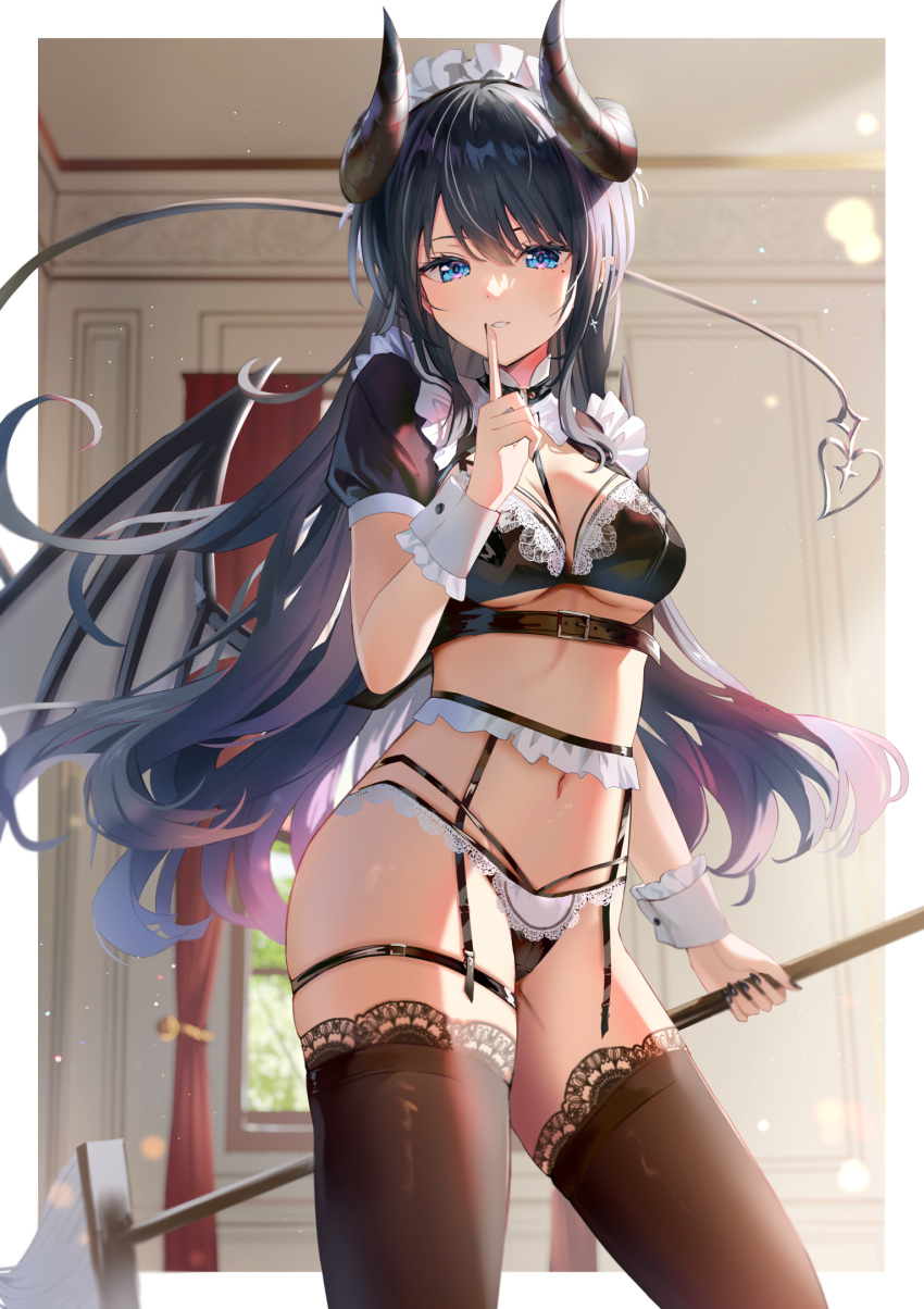 1girl belt between_breasts black_bra black_choker black_hair black_nails black_panties blue_eyes bra breasts brown_thighhighs choker cowboy_shot demon_girl demon_horns demon_tail demon_wings finger_to_mouth frills garter_belt grin highres holding holding_mop horns index_finger_raised lace-trimmed_bra lace-trimmed_panties lace-trimmed_thighhighs lace_trim long_hair looking_at_viewer maid maid_headdress medium_breasts mole mole_under_eye mop multi-strapped_panties nail_polish naughty_face navel omelet_tomato original panties revealing_clothes short_sleeves shrug_(clothing) shushing simple_background skindentation smile solo standing stomach string_panties tail tail_raised thigh_strap thighhighs thighs underboob underwear very_long_hair white_background wings wrist_cuffs