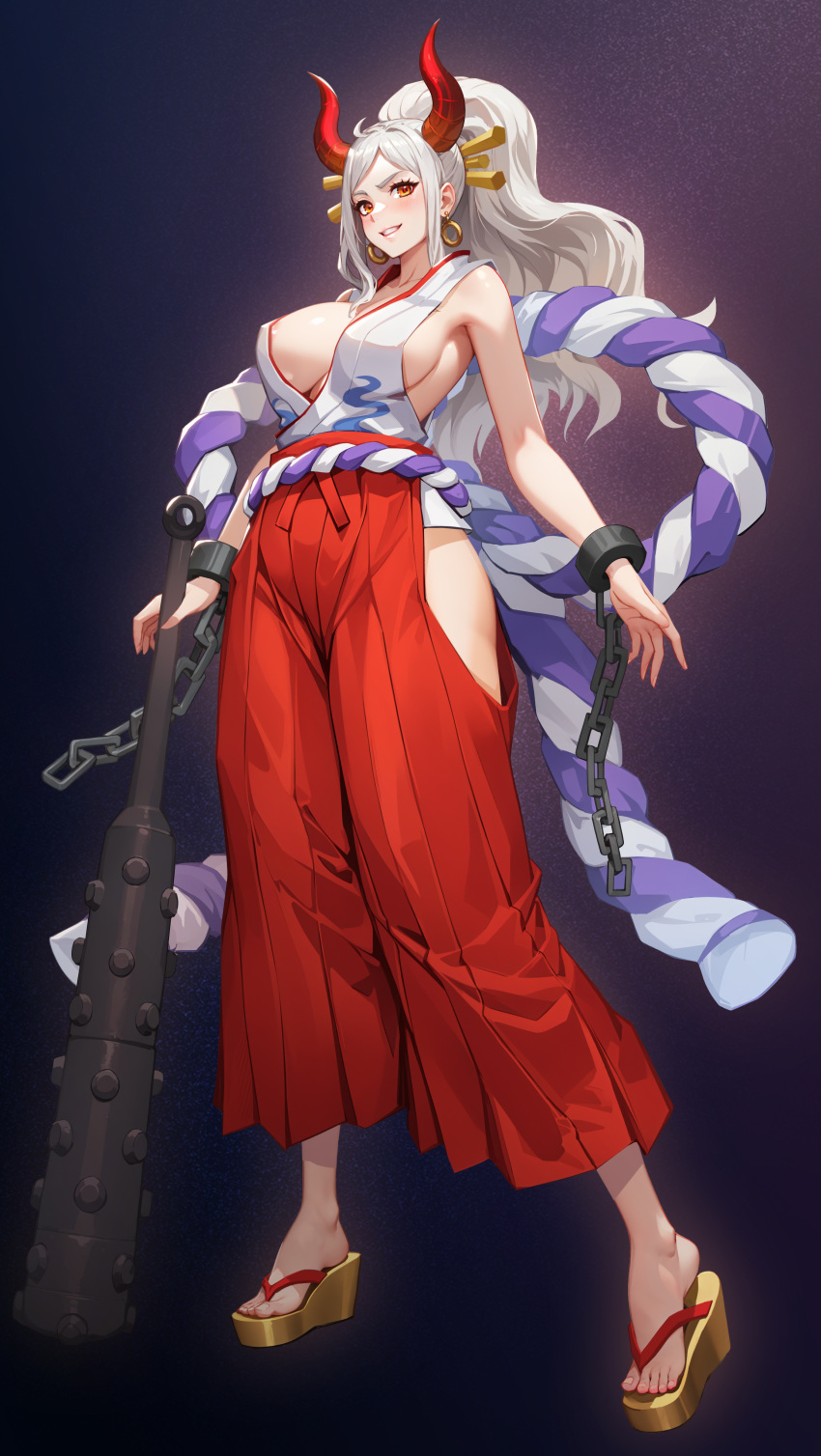 1girl absurdres bare_shoulders blush breasts brown_eyes chain club_(weapon) cuffs curled_horns dark_night_(darkotl) earrings grey_hair hair_ornament hair_stick hakama highres hip_vent holding_club hoop_earrings horns japanese_clothes jewelry kanabou large_breasts long_hair looking_at_viewer one_piece oni_horns ponytail red_hakama red_horns rope sandals shackles shimenawa smile solo weapon yamato_(one_piece)