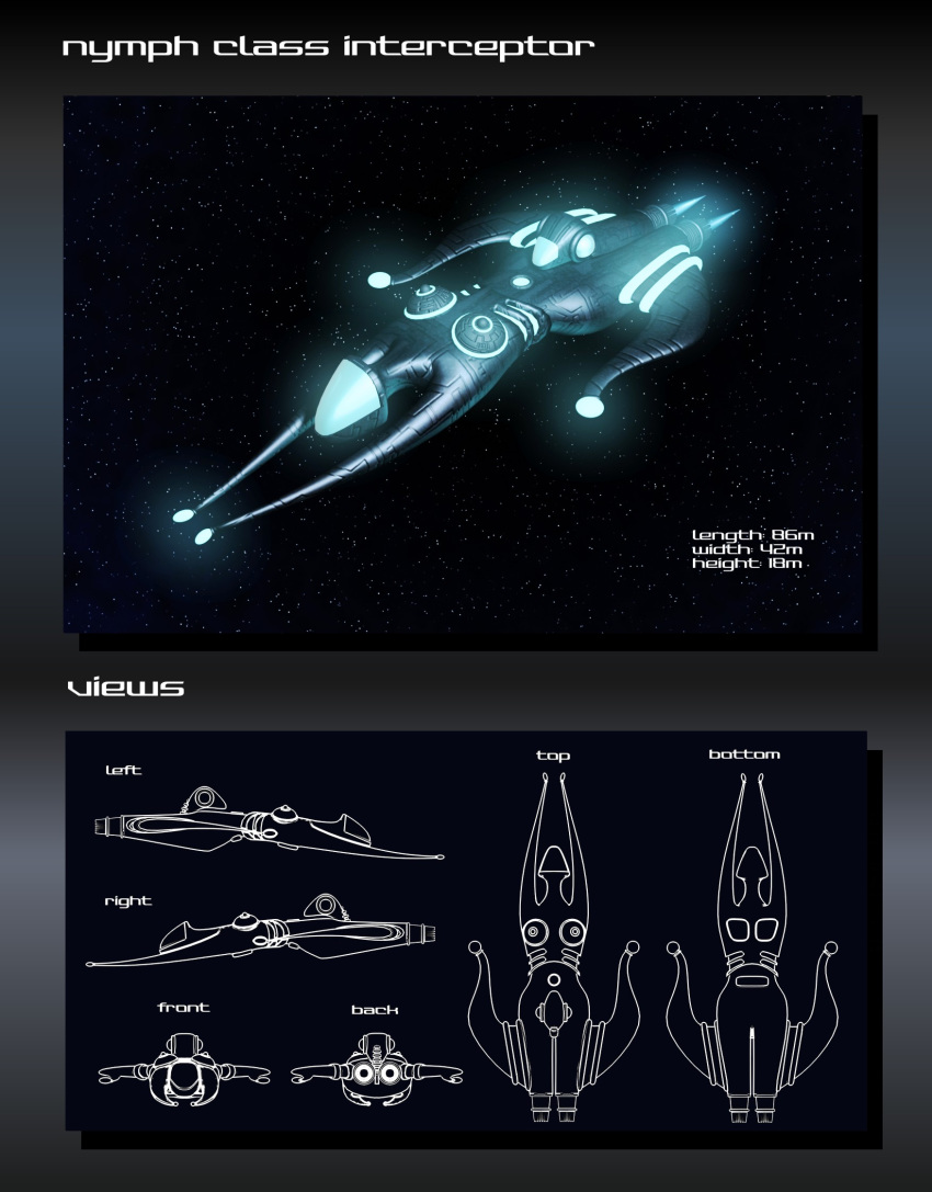 3d commentary concept_art english_text eve_online flying frigate_(eve_online) glowing highres interceptor_(eve_online) military_vehicle multiple_views no_humans original outdoors reference_sheet science_fiction sky space spacecraft star_(sky) starry_sky tech_2_ship_(eve_online) thrusters toneloperu vehicle_focus