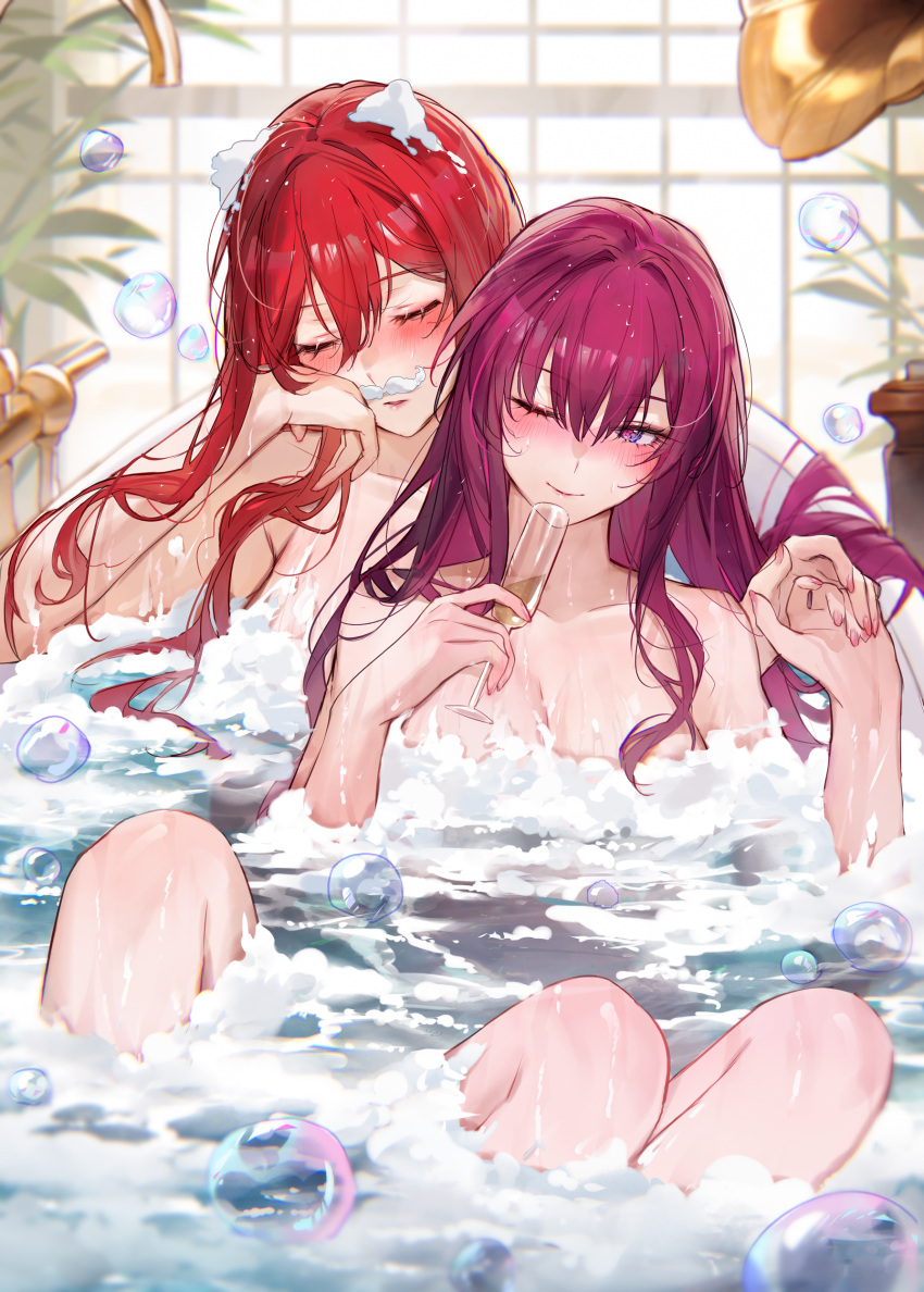2girls absurdres bath blush breasts bubble cleavage closed_eyes closed_mouth collarbone cup highres himeko_(honkai:_star_rail) holding holding_cup honkai:_star_rail honkai_(series) kafka_(honkai:_star_rail) large_breasts long_hair multiple_girls one_eye_closed parted_lips partially_submerged purple_eyes purple_hair qiandaiyiyu red_hair smile soap_bubbles water wet yuri