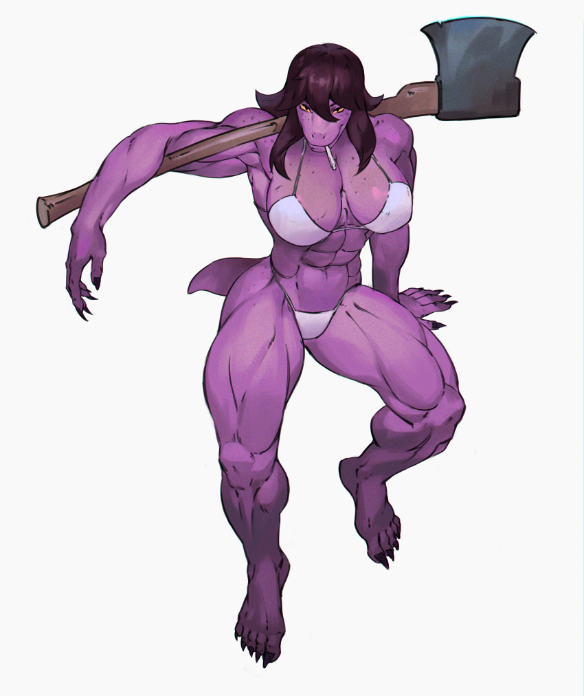 abs absurd_res anthro axe battle_axe big_breasts big_muscles bikini breasts chalk claws clothed clothing deltarune female hi_res mihail_dava muscular muscular_anthro muscular_female partially_clothed purple_body purple_scales reptile scales scalie short_tail skimpy smile solo susie_(deltarune) swimwear tail undertale_(series) weapon_over_shoulder