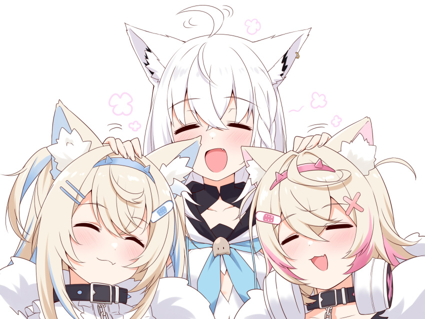 3girls ahoge animal_ear_fluff animal_ears black_collar blonde_hair blue_eyes blue_hair blush closed_eyes closed_mouth collar commentary dog_ears dog_girl english_commentary fang felutiahime fox_ears fox_girl fuwawa_abyssgard hair_between_eyes hair_ornament headpat headphones headphones_around_neck highres hololive hololive_english jacket long_hair mococo_abyssgard multicolored_hair multiple_girls open_mouth pink_eyes pink_hair revision shirakami_fubuki shirakami_fubuki_(1st_costume) siblings sisters skin_fang smile streaked_hair twins virtual_youtuber white_background white_hair