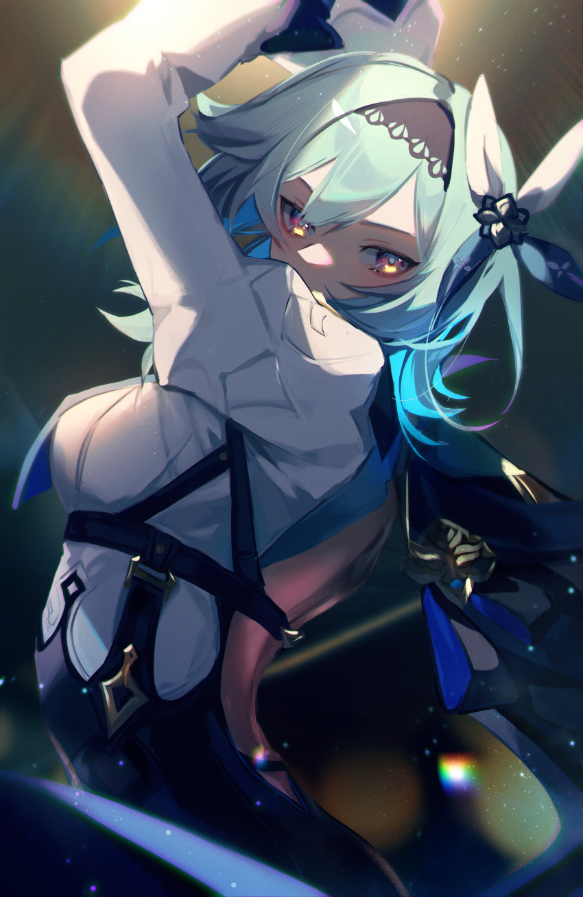 1girl absurdres arms_up back backless_outfit bare_back black_hairband blue_cape blue_hair blue_pupils breasts cape chest_harness eula_(genshin_impact) from_side genshin_impact glowing glowing_eyes hair_between_eyes hair_ornament hairband harness high-waist_shorts highres light_particles long_sleeves looking_back looking_to_the_side lyrie_luna medium_breasts medium_hair multicolored_eyes shorts sidelocks solo spotlight upper_body white_sleeves wide_sleeves