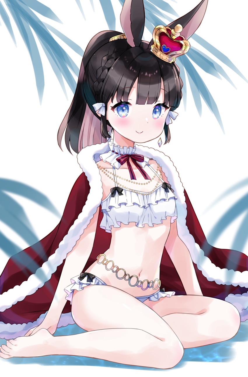 1girl absurdres amimi animal_ears barefoot bikini black_hair blue_eyes blush bow bowtie braid breasts cape closed_mouth collarbone commentary_request commission crown detached_collar french_braid frilled_bikini frills fur-trimmed_cape fur_trim hair_ribbon highres indie_virtual_youtuber looking_at_viewer mini_crown navel ponytail rabbit_ears rabbit_girl red_bow red_bowtie red_cape ribbon short_hair sitting skeb_commission small_breasts smile solo stomach swimsuit toes usami_kuroto virtual_youtuber white_bikini white_ribbon yokozuwari