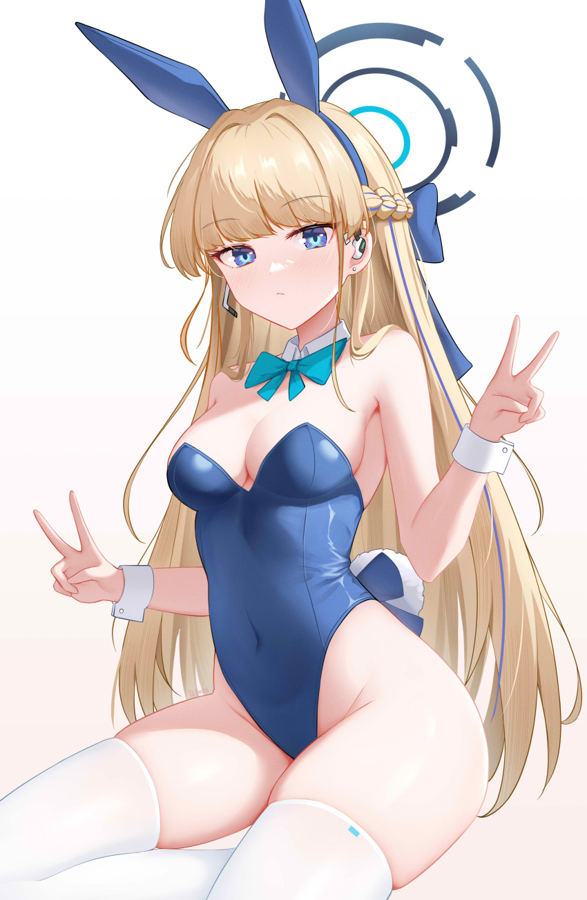1girl absurdres animal_ears bare_shoulders blonde_hair blue_archive blue_bow blue_eyes blue_hairband blue_leotard bow bowtie braid breasts closed_mouth covered_navel detached_collar doraski double_v earpiece earrings fake_animal_ears hairband halo highleg highleg_leotard highres jewelry leotard long_hair medium_breasts microphone official_alternate_costume official_alternate_hairstyle playboy_bunny rabbit_ears rabbit_tail simple_background sitting skindentation solo stud_earrings tail thighs toki_(blue_archive) toki_(bunny)_(blue_archive) v very_long_hair white_background wrist_cuffs