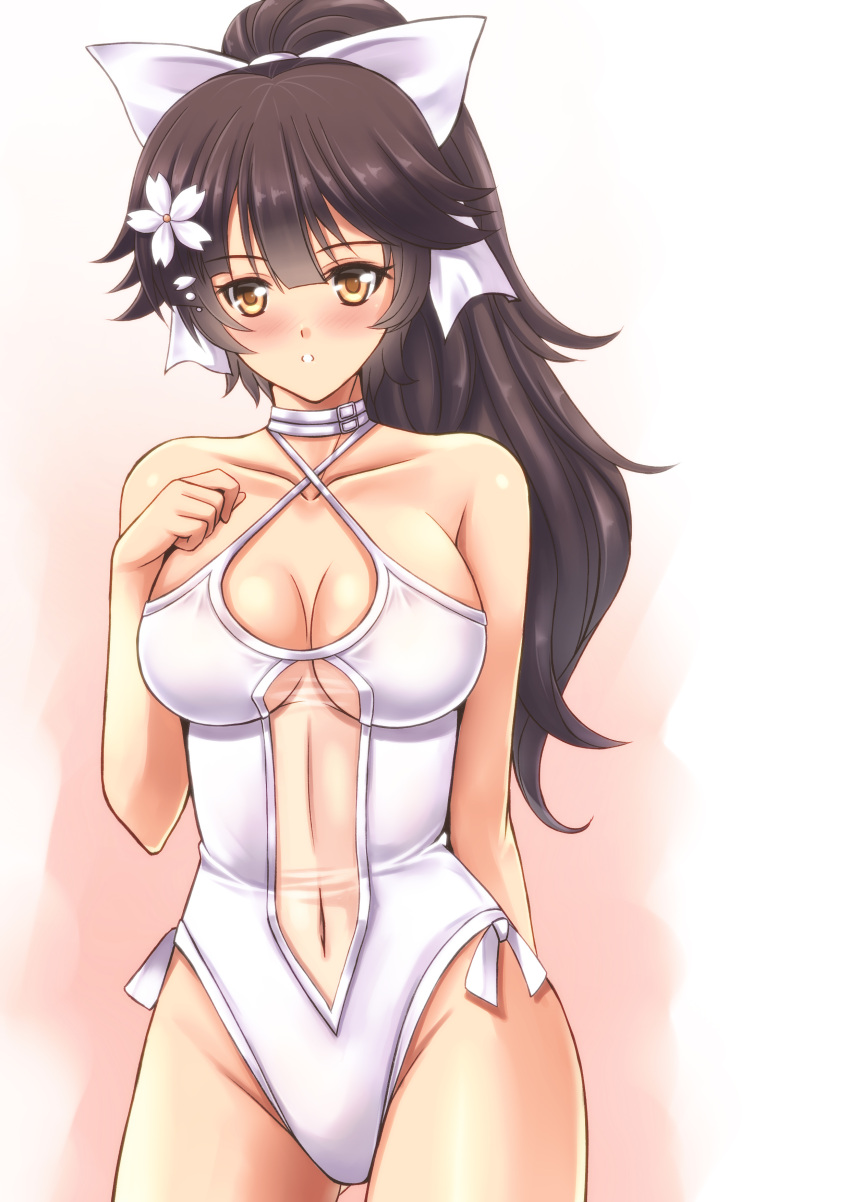 1girl absurdres azur_lane black_hair breasts casual_one-piece_swimsuit choker cleavage clothing_cutout collarbone cowboy_shot flower hair_flaps hair_flower hair_ornament hair_ribbon hand_on_own_chest highres large_breasts navel_cutout one-piece_swimsuit parted_lips ponytail ribbon sawwei005 side-tie_one-piece_swimsuit solo swimsuit takao_(azur_lane) takao_(beach_rhapsody)_(azur_lane) white_choker white_flower white_one-piece_swimsuit white_ribbon