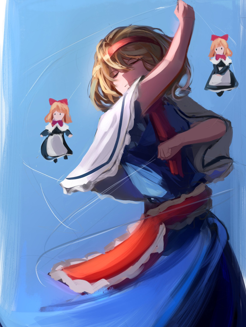 1girl alice_margatroid apron ascot blonde_hair blue_background blue_dress bow capelet closed_eyes dress flying hair_bow highres medium_hair puppet puppet_strings red_ascot red_bow red_hair shanghai_doll standing touhou white_apron white_capelet yuhel