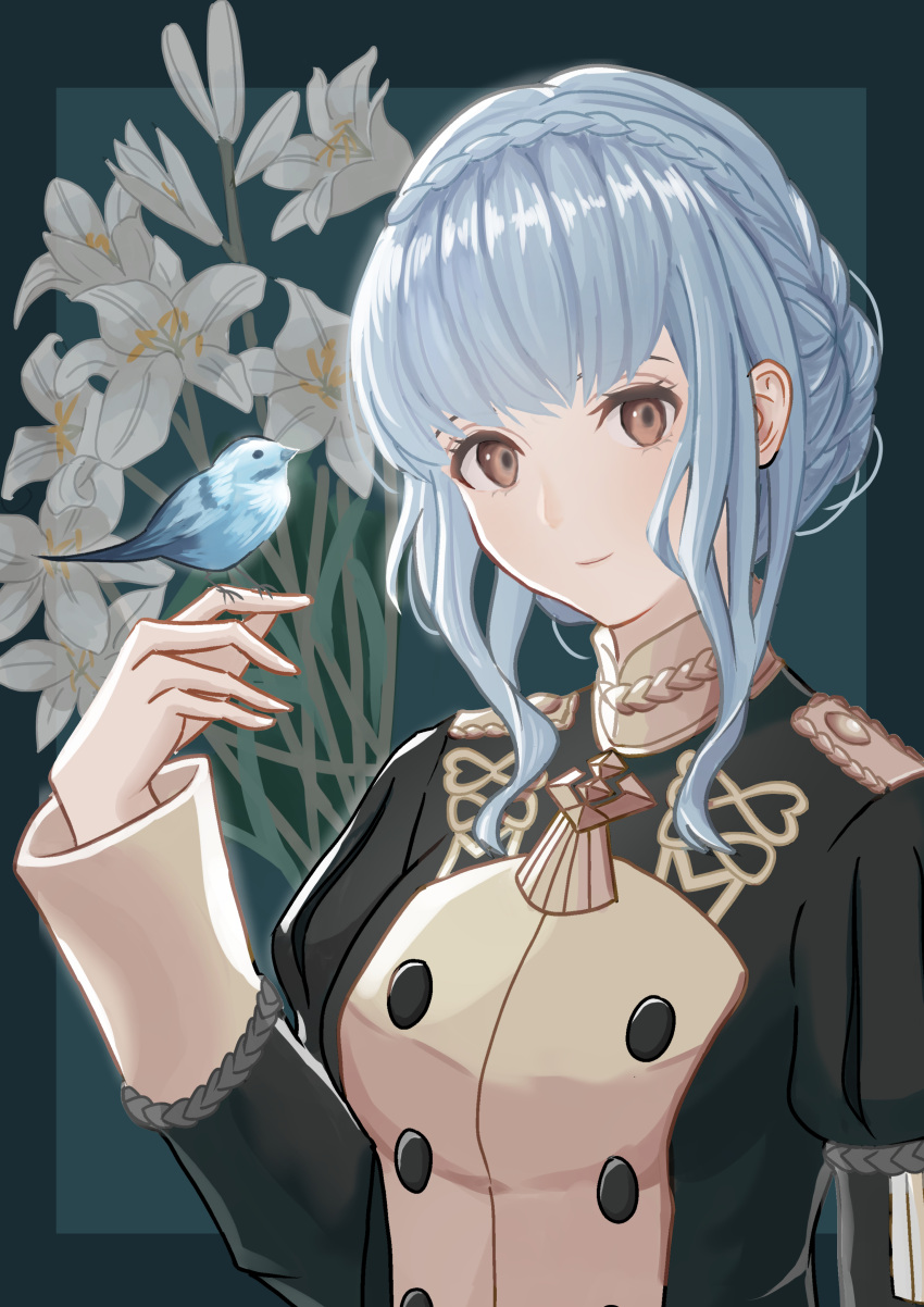 absurdres bird bird_on_hand blue_bird blue_hair braid brown_eyes dangouo_ty fire_emblem fire_emblem:_three_houses flower garreg_mach_monastery_uniform highres light_smile looking_at_viewer marianne_von_edmund school_uniform smile