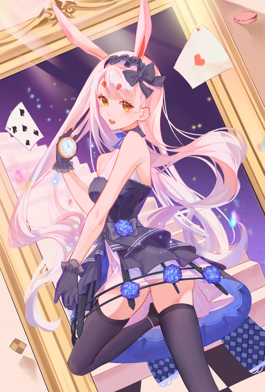 1girl absurdres ace_(playing_card) ace_of_hearts animal_ears azur_lane black_footwear blue_flower blue_rose card dress dutch_angle feet_out_of_frame five_of_spades flower frilled_gloves frills gloves heart highres holding holding_pocket_watch long_hair looking_at_viewer official_alternate_costume orange_eyes pink_hair playing_card pocket_watch purple_dress purple_gloves purple_thighhighs rabbit_ears rabbit_girl rose shimakaze_(azur_lane) shimakaze_(the_white_rabbit_of_wonderland)_(azur_lane) shino_pupille sleeveless sleeveless_dress solo standing standing_on_one_leg thighhighs very_long_hair watch zettai_ryouiki