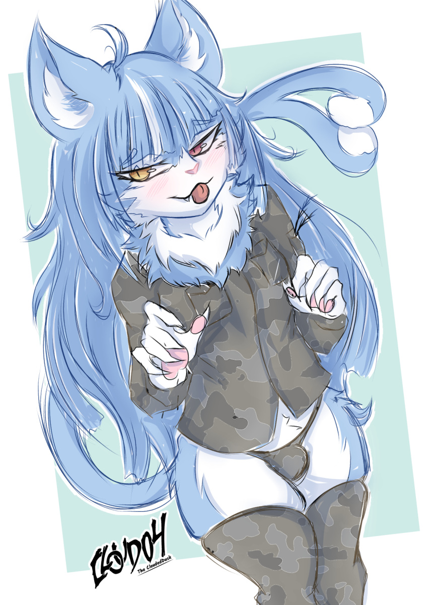 anthro camo clothing cloud04 colored_sketch felid feline girly hair heterochromia hi_res japan_air_self-defense_force legwear long_hair male mammal omaneko_(jasdf) panties panties_bulge screentone sketch solo stockings tongue tongue_out underwear