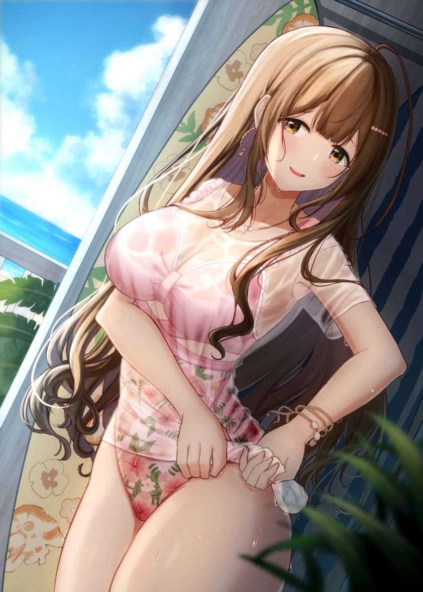 1girl ahoge aiban blue_sky blush bracelet breasts brown_eyes brown_hair cleavage cloud day dutch_angle floral_print highres idolmaster idolmaster_shiny_colors jewelry kuwayama_chiyuki large_breasts long_hair looking_at_viewer ocean one-piece_swimsuit open_mouth pink_one-piece_swimsuit print_swimsuit see-through see-through_shirt shirt short_sleeves sidelocks sky smile standing surfboard swimsuit thick_thighs thighs wet white_shirt wringing_clothes