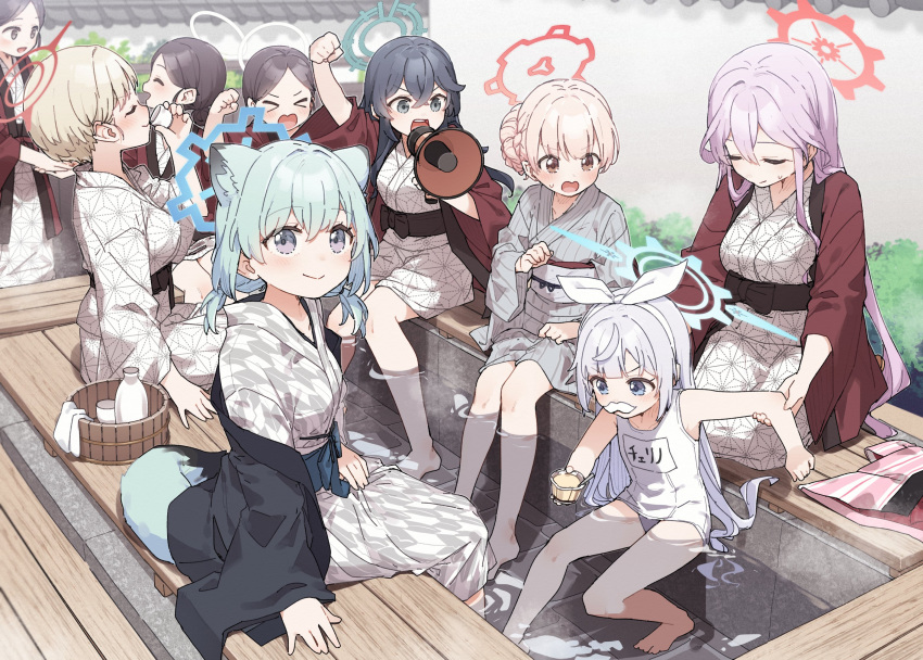 6+girls animal_ears bare_arms bare_legs bare_shoulders barefoot bath_yukata black_hair blonde_hair blue_archive blue_eyes blush breasts cherino_(blue_archive) cherino_(hot_spring)_(blue_archive) closed_eyes closed_mouth commentary_request fake_facial_hair fake_mustache flat_chest green_hair grey_eyes hair_between_eyes halo highres japanese_clothes kimono large_breasts long_hair marina_(blue_archive) minori_(blue_archive) multiple_girls name_tag nodoka_(blue_archive) nodoka_(hot_spring)_(blue_archive) obi official_alternate_costume old_school_swimsuit one-piece_swimsuit onsen open_mouth pink_hair purple_eyes red_eyes sash school_swimsuit shigure_(blue_archive) shigure_(hot_spring)_(blue_archive) short_hair swimsuit tomoe_(blue_archive) water weasel_ears white_hair white_one-piece_swimsuit yukata yukie_(kusaka_shi)
