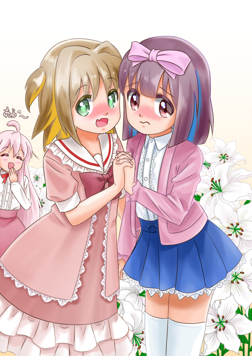 3: 3girls :d ^_^ ahoge bare_arms blue_hair blue_skirt blunt_bangs blunt_ends blush bow bowtie brown_eyes brown_hair center_frills closed_eyes commentary dress embarrassed fang flower frilled_dress frilled_shirt_collar frilled_skirt frills frown green_eyes hair_intakes hand_to_own_mouth highres holding_hands hozuki_momiji interlocked_fingers jacket light_brown_hair lily_(flower) long_sleeves looking_at_viewer medium_hair mtak46597821 multicolored_hair multiple_girls nose_blush oka_asahi onii-chan_wa_oshimai! orange_hair oyama_mahiro pink_dress pink_hair pink_jacket pink_skirt pleated_skirt puffy_short_sleeves puffy_sleeves red_bow red_bowtie shirt short_sleeves skin_fang skirt smile thighhighs translated two-tone_hair two_side_up wavy_mouth white_shirt white_thighhighs wing_collar zettai_ryouiki