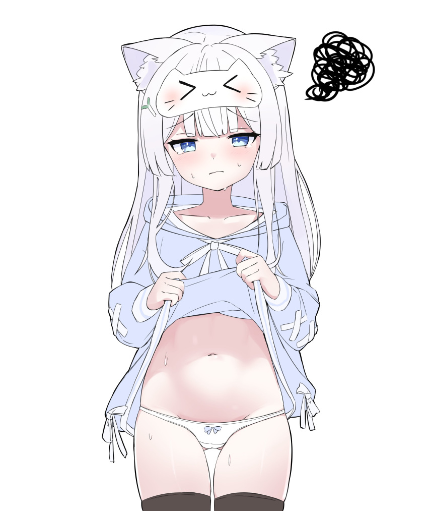 &gt;_&lt; 1girl :3 absurdres animal_ear_fluff animal_ears black_thighhighs blue_eyes blue_hoodie cat_ears cat_girl clothes_lift highres hood hood_down hoodie hoodie_lift lifted_by_self long_hair long_sleeves looking_at_viewer mask mask_on_head navel no_pants panties poteto_(potetovr) simple_background sleep_mask squiggle stomach sweat tearing_up tears thighhighs underwear vrchat white_background white_hair white_panties