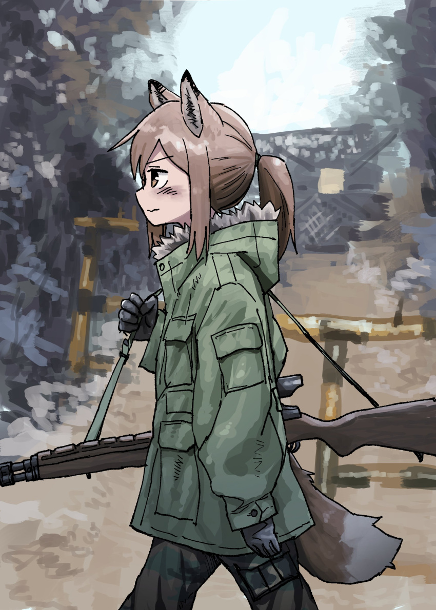 absurdres animal_ears brown_eyes brown_hair dirty dirty_face fox_ears fox_girl fox_tail green_jacket gun highres holding holding_gun holding_weapon jacket karcer_grey over over_shoulder pale_skin pointy_ears post-apocalypse rammstein_(band) rifle short_hair stalker_(game) tail wasteland weapon yihan_world