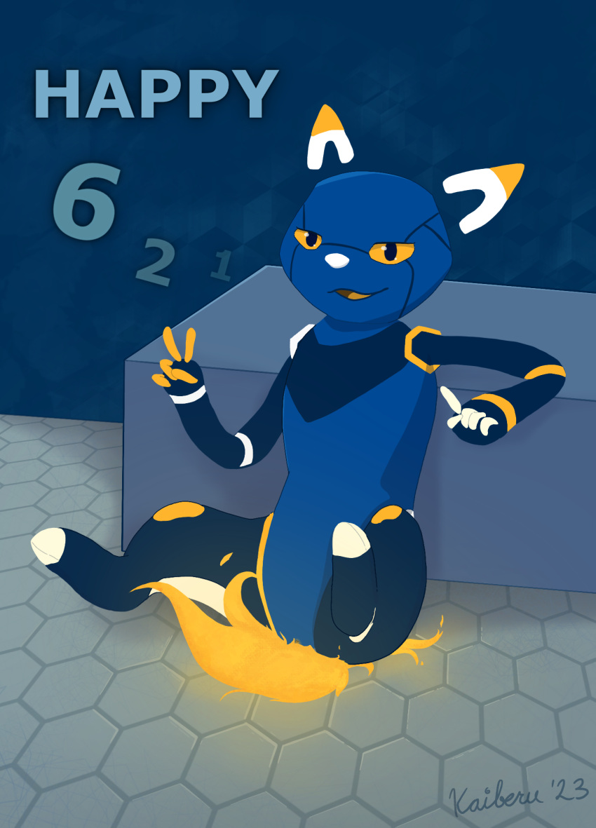 2023 5_fingers 621_(number) 621_day ambiguous_gender anthro e621 esix featureless_crotch fingers fire flaming_tail half-closed_eyes hexagon hexagon_background hexagonal_grid hexagons hi_res kaiberu legs_up mascot narrowed_eyes open_mouth raised_leg sitting smile solo tail tongue yellow_eyes yellow_tongue
