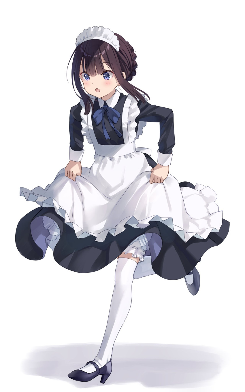 1girl :o apron apron_lift black_dress black_footwear blue_bow blue_bowtie blue_eyes blush bow bowtie braid braided_bun brown_hair commentary_request dress frilled_apron frills full_body hair_bun high_heels highres lifted_by_self maid maid_apron maid_headdress medium_hair na-ga open_mouth original running shadow shoes sidelocks simple_background socks solo thighhighs waist_apron white_apron white_background white_socks white_thighhighs