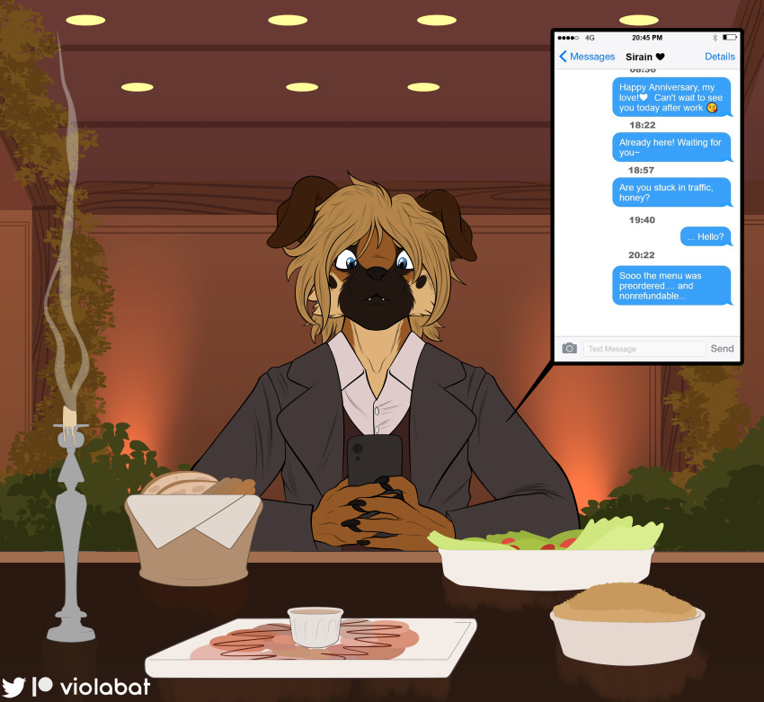 absurd_res anthro blonde_hair candle canid canine canis cellphone clothing cuckold domestic_dog food formal_clothing formal_wear german_shepherd hair herding_dog hi_res male mammal pastoral_dog phone plant public restaurant suit text text_message texting texting_ui viola_bat