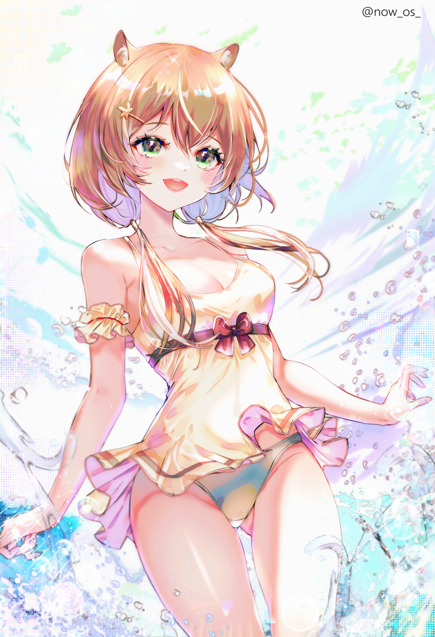 1girl absurdres animal_ears arm_garter ass_visible_through_thighs ayunda_risu bare_shoulders bikini bikini_bottom_only blush breasts brown_hair camisole cleavage cowboy_shot error green_eyes highres hololive hololive_indonesia looking_ahead looking_at_viewer low_twintails medium_breasts medium_hair no_tail open_mouth smile solo sowon squirrel_ears straight-on swimsuit thighs twintails twitter_username virtual_youtuber water white_camisole