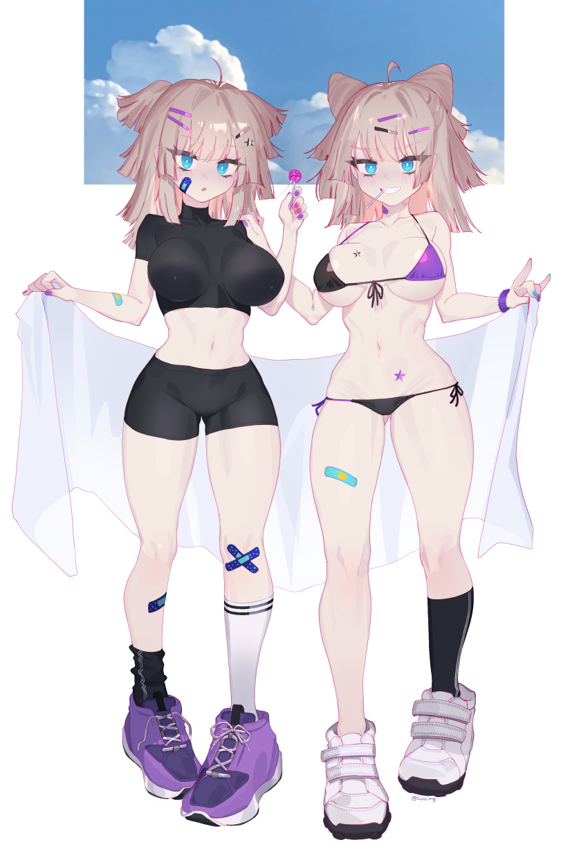 2girls aa-12_(girls'_frontline) aa-12_(the_sun_never_rises)_(girls'_frontline) absurdres ahoge asymmetrical_legwear bags_under_eyes bandaid bandaid_on_face bandaid_on_knee bandaid_on_leg bike_shorts bikini black_shirt blue_eyes breasts candy crop_top dual_persona eonsang food front-tie_bikini_top front-tie_top girls'_frontline hair_ornament hairclip hand_on_another's_shoulder highres holding holding_candy holding_food holding_lollipop holding_towel impossible_clothes impossible_shirt large_breasts light_brown_hair lollipop medium_hair mismatched_legwear multiple_girls nail_polish official_alternate_costume shirt shoes side-tie_bikini_bottom single_sock smile sneakers socks swimsuit thigh_gap towel two-tone_bikini