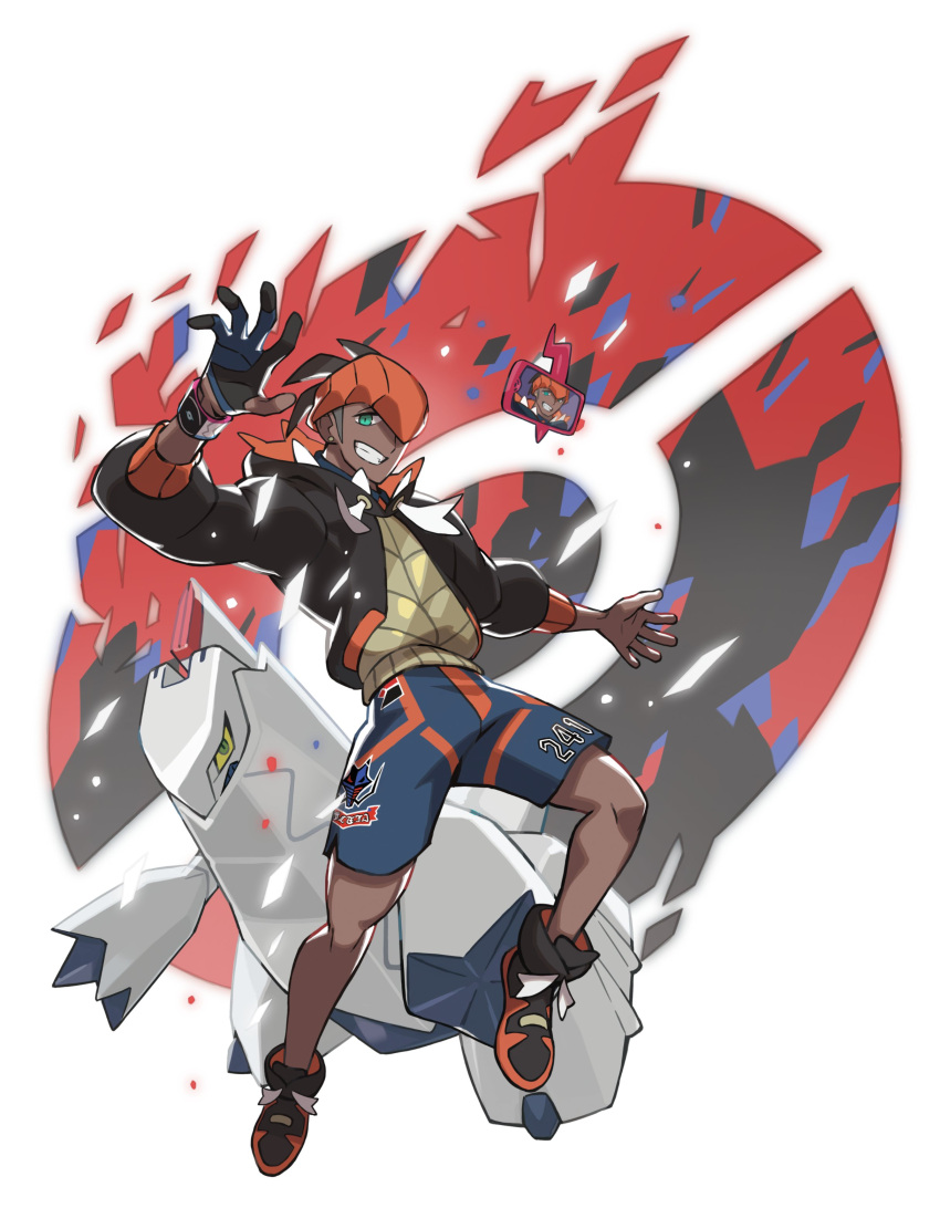 1boy absurdres black_footwear black_hair colored_sclera commentary dark-skinned_male dark_skin duraludon dynamax_band earrings full_body gloves highres hood hoodie jewelry male_focus official_art pokemon pokemon_(creature) pokemon_(game) pokemon_swsh raihan_(pokemon) rotom rotom_phone saitou_naoki single_glove smile symbol-only_commentary yellow_sclera