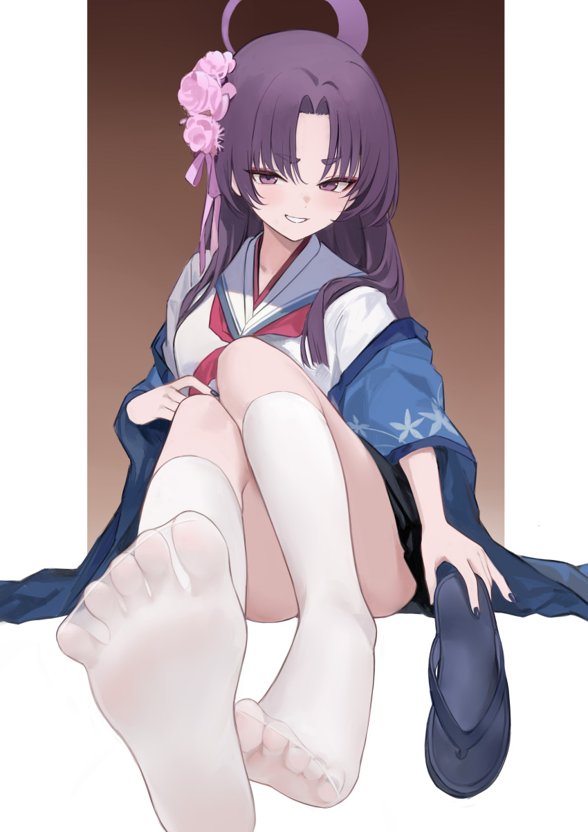 1girl absurdres blue_archive blush breasts feet fingernails flower foot_focus foreshortening hair_flower hair_ornament halo hanten_(clothes) highres knees_up looking_at_viewer medium_breasts nagata_gata nail_polish neckerchief parted_bangs purple_eyes purple_hair red_neckerchief school_uniform serafuku shoes sitting smile socks soles solo toes unworn_shoes white_socks yukari_(blue_archive)