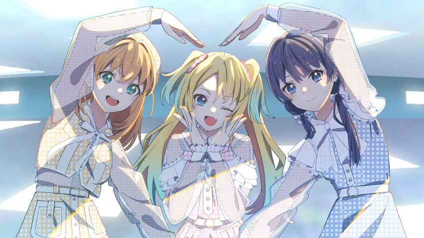 3girls =love absurdres blonde_hair blue_eyes blue_hair bow cowboy_shot dark_blue_hair fang fujiwaland green_eyes hair_bow heart highres hinoshita_kaho jacket light_blue_hair link!_like!_love_live! long_hair long_sleeves looking_at_viewer love_live! low_twintails medium_hair multicolored_hair multiple_girls murano_sayaka one_eye_closed open_mouth orange_hair osawa_rurino plaid plaid_jacket plaid_skirt side_ahoge skirt twintails