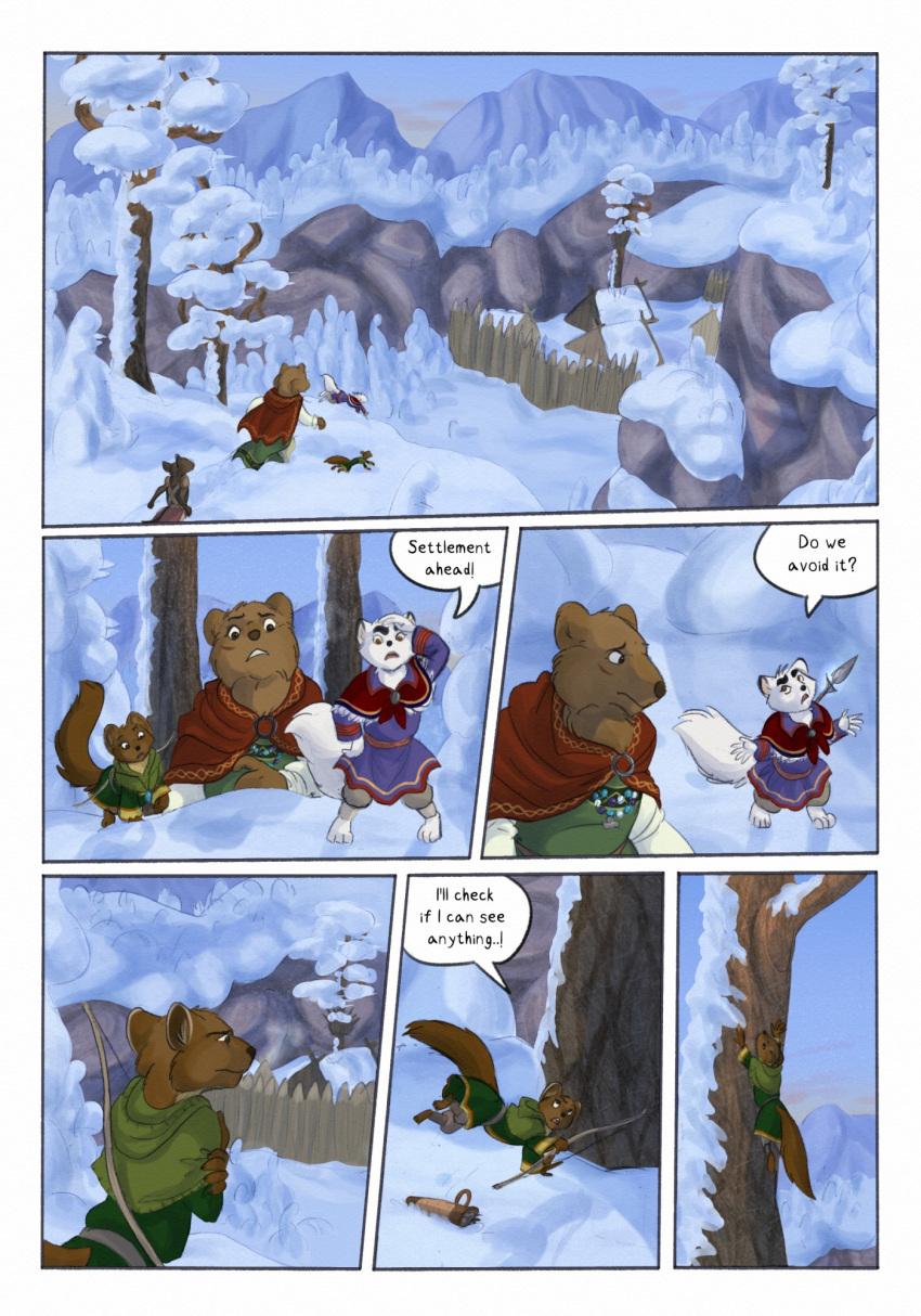 2022 anthro arctic_fox bear biped bjekkergauken bow_(weapon) brown_bear brown_body brown_fur brown_tail canid canine clothing colored comic day dialogue dialogue_box english_text female fox fur green_clothing group gulonine herja_(bjekkergauken) hi_res hillevi male mammal marten melee_weapon mustelid musteline outside pine_marten polearm ranged_weapon scar shirin_(bjekkergauken) size_difference snow spear speech_bubble tail text unni_(bjekkergauken) ursine walking weapon white_body white_fur white_tail