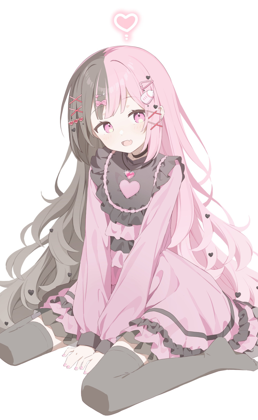 1girl absurdres between_legs black_hair black_thighhighs dress frills hair_ornament hand_between_legs highres long_hair long_sleeves looking_at_viewer multicolored_hair open_mouth original pink_dress pink_eyes pink_hair simple_background sitting solo thighhighs urotsuki_(2013.04) very_long_hair virtual_youtuber wariza wavy_hair white_background yumeru_mirin