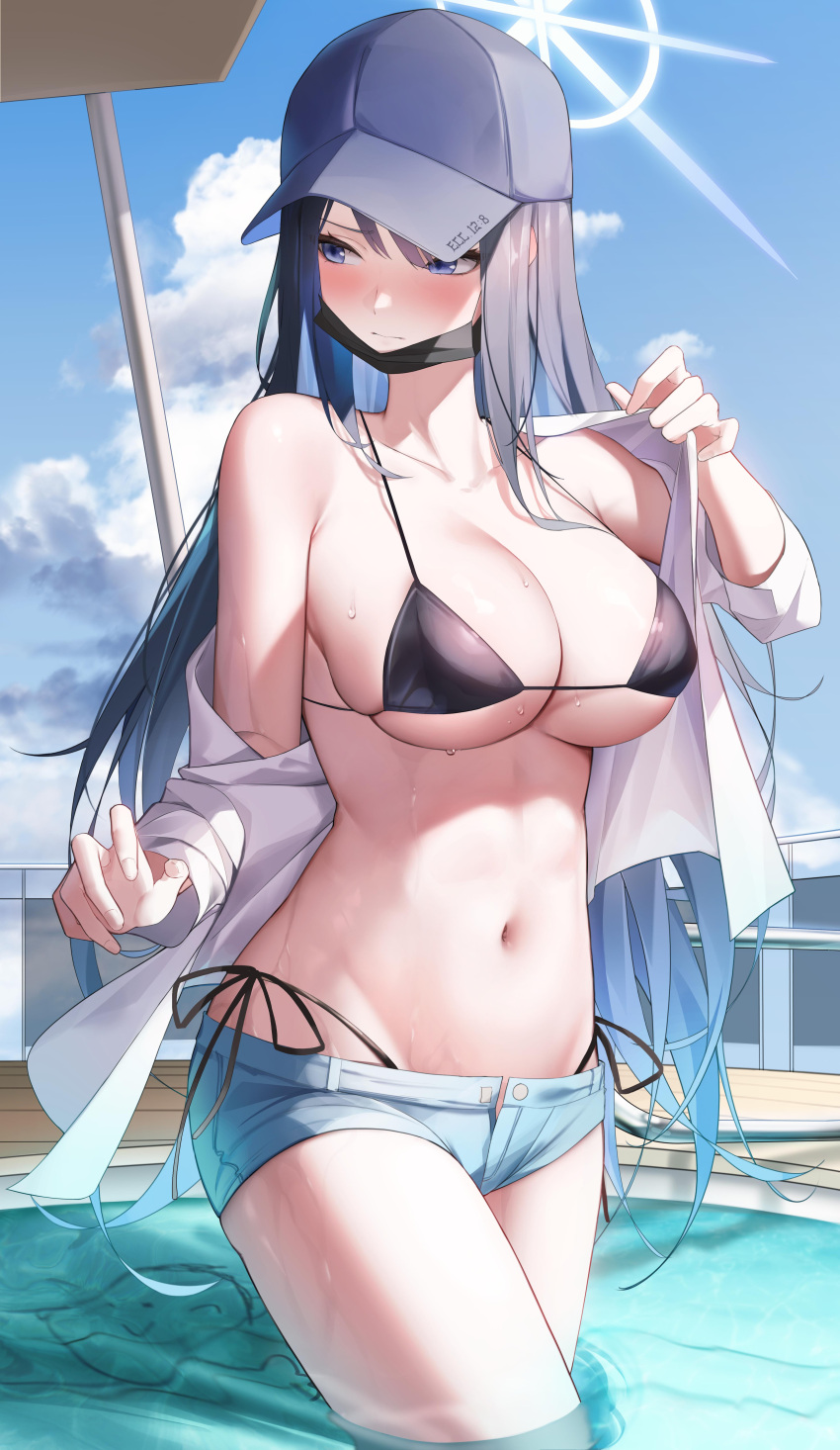 1girl absurdres bare_shoulders baseball_cap bikini black_hair black_headwear blue_archive blue_eyes breasts cleavage collarbone day dodari halo hat highres long_hair long_sleeves looking_to_the_side mask mouth_mask navel outdoors pool saori_(blue_archive) short_shorts shorts side-tie_bikini_bottom solo standing stomach swimsuit thighs wading water wet
