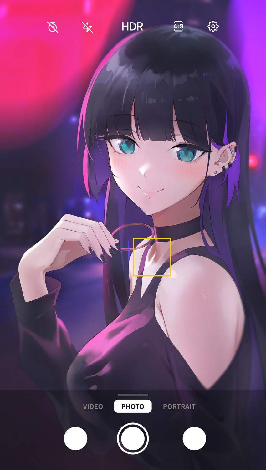 1girl aqua_eyes arm_up black_hair black_nails bocchi_the_rock! breasts chin_piercing choker dress ear_bar earrings gothic highres hime_cut jewelry long_hair looking_at_viewer medium_breasts milim_nova multiple_piercings nail_polish pa-san smile solo stud_earrings viewfinder