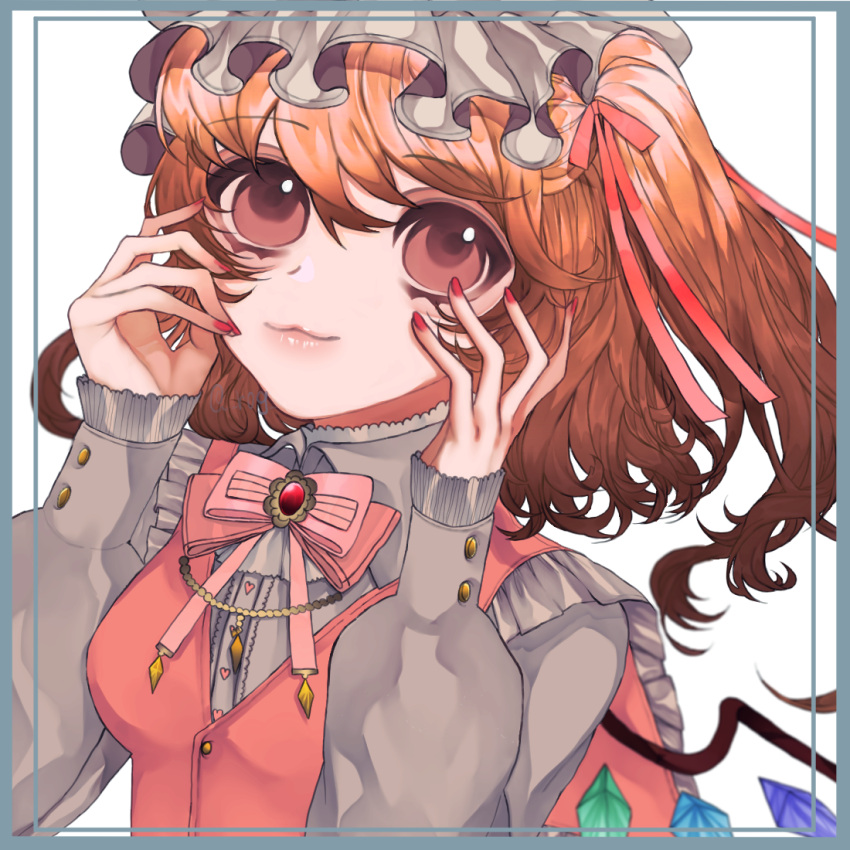 1girl adapted_costume blonde_hair bow bowtie breasts closed_mouth collared_shirt flandre_scarlet hair_between_eyes hands_on_own_cheeks hands_on_own_face hat light_smile long_sleeves looking_at_viewer medium_hair mob_cap multicolored_wings nail_polish one_side_up pink_bow pink_bowtie pink_vest puffy_long_sleeves puffy_sleeves red_eyes red_nails rog92 shirt simple_background small_breasts solo touhou upper_body vest white_background white_headwear white_shirt wings